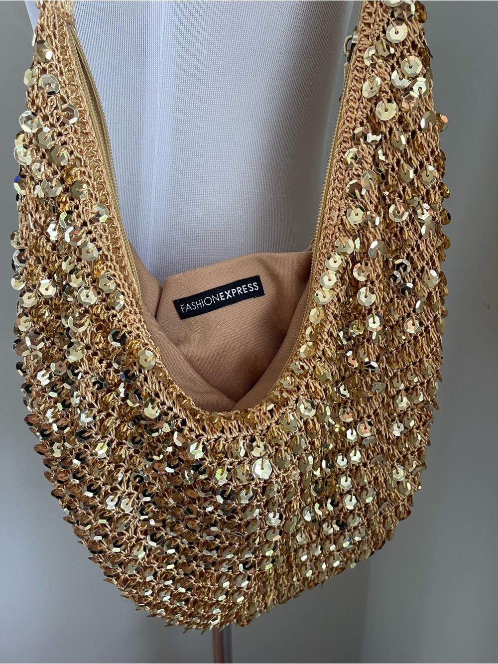 Fashion Express Gold Sequin Crochet Hobo Shoulder Bag Y2K - Picture 9 of 16